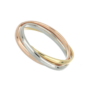 Tre anelli in uno di tre colori rosa, bianco e oro su sfondo bianco